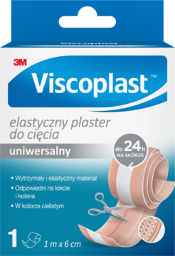 Viscoplast elastyczny plaster do cięcia, beżowy, uniwersalny, w białym opakowaniu z grafiką plastra, 1m x 6cm.