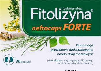 Front biało-zielonego opakowania Fitolizyna nefrocaps FORTE, suplementu na nerki i drogi moczowe, 30 kapsułek.
