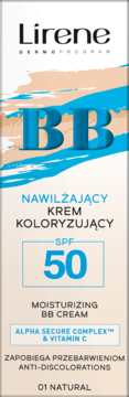 Lirene Nawilżający Krem Koloryzujący BB SPF 50, 01 Natural, z przodu beżowo-niebieskie opakowanie.