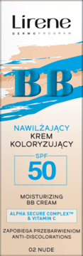 Lirene BB krem nawilżający SPF 50 02 Nude, beżowe opakowanie z niebieskim napisem, widok z przodu.