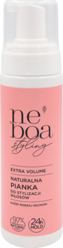 Neboa Styling Extra Volume, naturalna pianka do włosów, różowa butelka z białym dozownikiem, przód.