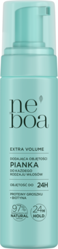 Neboa Extra Volume pianka do stylizacji włosów w turkusowej butelce z pompką, widok z przodu, etykieta widoczna.