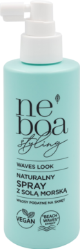 Neboa Styling spray z solą morską na fale, turkusowa butelka z białym dozownikiem, widok z przodu.