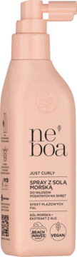 Brzoskwiniowy spray Neboa Just Curly z solą morską do włosów podatnych na skręt, widok z przodu.
