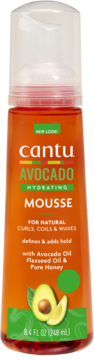 Cantu Avocado Hydrating Mousse w pomarańczowej butelce z białą pompką, widok z przodu, do definiowania loków i fal.