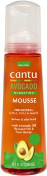 Pianka Cantu Avocado Hydrating Mousse do loków, przezroczysta butelka z pompką, etykieta z awokado, przód.