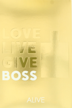 Front złotego, błyszczącego opakowania zestawu Hugo Boss Alive Woman, z napisem LOVE LIVE GIVE BOSS.