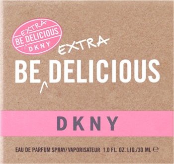 Front kwadratowego opakowania perfum DKNY Be Delicious Extra, brązowy karton, różowy pas z białymi napisami.