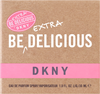Frontalny widok brązowego kartonika DKNY Be Extra Delicious Eau de Parfum 30ml, z białymi napisami i różowym owalem.