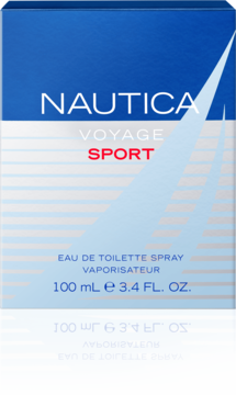 Nautica Voyage Sport Eau de Toilette w niebiesko-białym pudełku, widok z przodu, z nazwą i pojemnością.