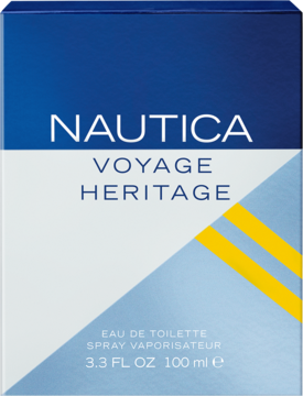 Nautica Voyage Heritage, odświeżająca woda toaletowa, biało-niebieskie pudełko z żółtymi paskami.