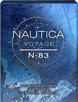 Nautica Voyage N-83 męska woda toaletowa, granatowe pudełko z morskim kompasem i mapą, widok z przodu.