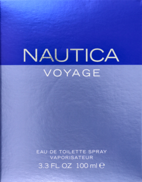 Przednie opakowanie perfum męskich Nautica Voyage EDT 100ml, niebieskie z gradientem, z białymi napisami.