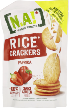 Biała torebka krakersów ryżowych N.A! Paprika, bezglutenowych, widok z przodu, z papryką i krakersami.