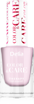Delia Color&Care Therapy lakier do paznokci, jasnoróżowy, w szklanej butelce z białą nakrętką. Widok z przodu.