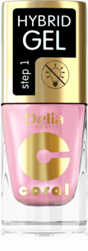 Delia Cosmetics Coral Hybrid Gel nr 100, jasnoróżowy lakier do paznokci w szklanej butelce, złota nakrętka, widok z przodu.