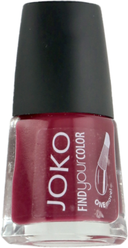 Lakier do paznokci JOKO Find Your Color w odcieniu głębokiego bordo, w szklanej butelce z czarną zakrętką. Widok z przodu.