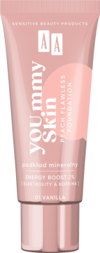 Jasnoróżowa tubka podkładu mineralnego AA YOU.mmy Skin Peach Flawless Foundation Vanilla, widok z przodu.