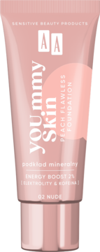 Bladoróżowa tubka mineralnego podkładu AA you.mmy Skin Peach Flawless Foundation 02 Nude, widok z przodu.