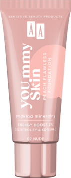 Bladoróżowa tubka mineralnego podkładu AA you.mmy Skin Peach Flawless Foundation 02 Nude, widok z przodu.