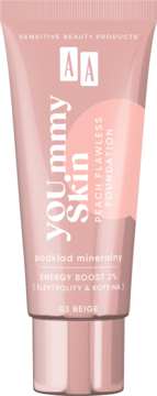 Różowy podkład mineralny AA YOU.mmy Skin 03 Beige w tubce, widok z przodu, z napisem Peach Flawless Foundation.