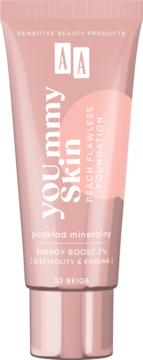 Różowy podkład mineralny AA YOU.mmy Skin 03 Beige w tubce, widok z przodu, z napisem Peach Flawless Foundation.