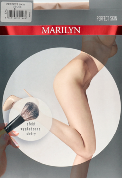 Rajstopy Marilyn Perfect Skin 15 den; opakowanie z nogami modelki, pędzelkiem i efektem wygładzonej skóry.