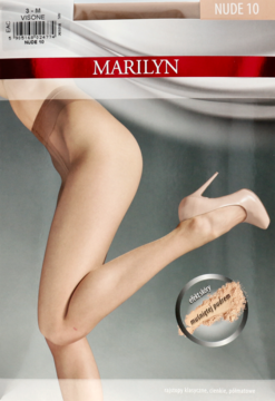 Marilyn Nude 10 DEN, półmatowe rajstopy cieliste na opakowaniu, z efektem skóry muśniętej pudrem.