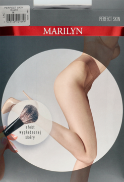 Opakowanie czarnych rajstop Marilyn Perfect Skin z modelką prezentującą efekt gładkiej skóry.