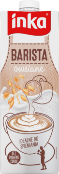 Biały karton Inka Barista Owsiane, napój owsiany bez cukru, z grafiką ziaren owsa i kawy latte.
