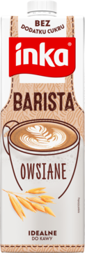 Front biały karton Inka Barista Owsiane bez cukru, z filiżanką kawy latte i ziarnami owsa.