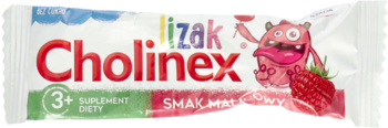 Białe opakowanie lizaka Cholinex, suplementu diety o smaku malinowym dla dzieci 3+, z różowym potworem.