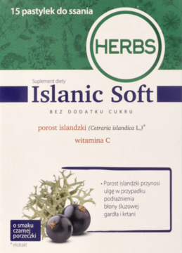 Przednie ujęcie opakowania HERBS Icelandic Soft, 15 pastylek czarnej porzeczki z porostem i wit. C.