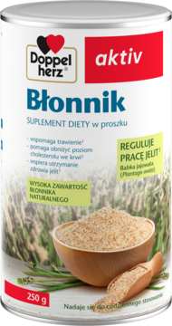 Biało-czerwona puszka Doppelherz aktiv Błonnik, suplementu diety z łuską babki jajowatej. Z przodu miseczka z proszkiem.