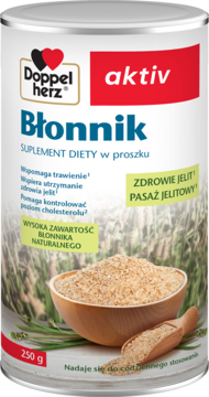 Srebrny Doppelherz aktiv Błonnik, suplement diety z babką jajowatą, wspomagający trawienie i jelita. Frontalny widok.