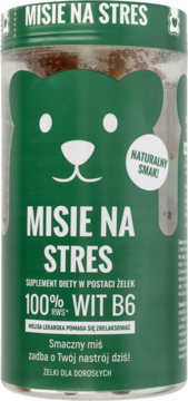 Misie na Stres, suplement diety w słoiku z zieloną etykietą misia, brązowe żelki dla dorosłych, z Wit B6 i melisą.