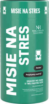 Zielony suplement Noble Health Misie na Stres, żelki brzoskwiniowe wspomagające relaks i nastrój, przód.
