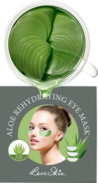 LoveSkin Aloe Rehydrating Eye Mask: zielone hydrożelowe płatki do pielęgnacji oczu w otwartym słoiku, z pudełkiem.
