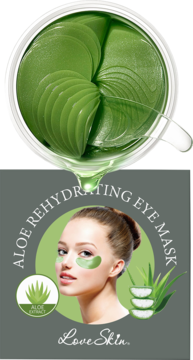 LoveSkin Aloe Rehydrating Eye Mask: zielone hydrożelowe płatki do pielęgnacji oczu w otwartym słoiku, z pudełkiem.