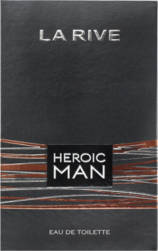 Front czarnego, teksturowanego opakowania La Rive Heroic Man Eau de Toilette, z metalicznymi liniami.