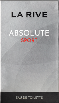 Srebrno-szare pudełko La Rive Absolute Sport Eau de Toilette, widok z przodu, z czerwonym napisem SPORT.