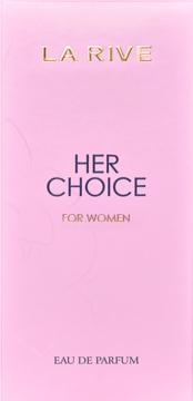 Różowe opakowanie La Rive Her Choice woda perfumowana dla kobiet. Widok z przodu, złoty napis LA RIVE, ciemnofioletowy HER CHOICE.