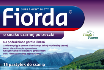 Fiorda suplement diety, pastylki czarnoporzeczkowe na gardło, ciemnofioletowe pudełko z fiordem, front.