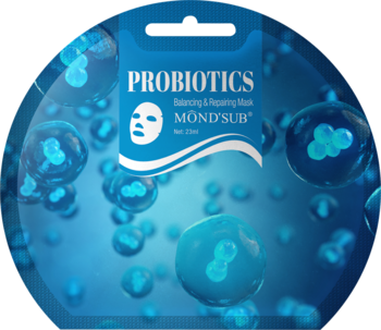 Mond'Sub Probiotics Balancing & Repairing maska w płachcie, niebieskie opakowanie z ikoną twarzy, tło z kulistymi probiotykami.