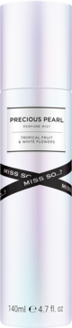 Biała butelka perfumowanej mgiełki Miss So...? Precious Pearl 140ml o zapachu tropikalnym, widok przodem.