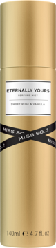 Złota butelka mgiełki perfumowanej Miss So...? Eternally Yours, z etykietą Sweet Rose & Vanilla, widok z przodu.