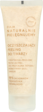Ziaja Naturalnie Pielęgnujemy Oczyszczający Peeling do Twarzy. Biała tubka z widoczną teksturą, wegański, 99% natury, widok z przodu.