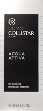 Czarne pudełko perfum Collistar Uomo Acqua Attiva Eau de Toilette 100ml, z białymi i pomarańczowymi napisami, widok z przodu.