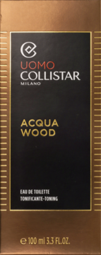 Front brązowo-czarnego pudełka Collistar Uomo Acqua Wood Eau de Toilette 100ml, z białym i złotym napisem.