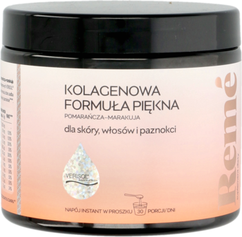Remé kolagenowa formuła piękna pomarańcza-marakuja w czarnym słoiku z etykietą pomarańczowego gradientu, widok z góry.